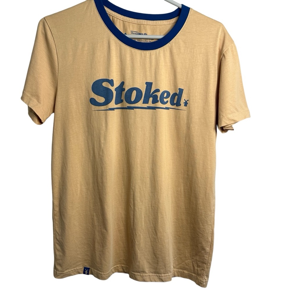 Dutch Bros Coffee Ringer Tee “STOKED” XS+MEDIUM+LARGE+XL Cream with Blue DB ‘92
